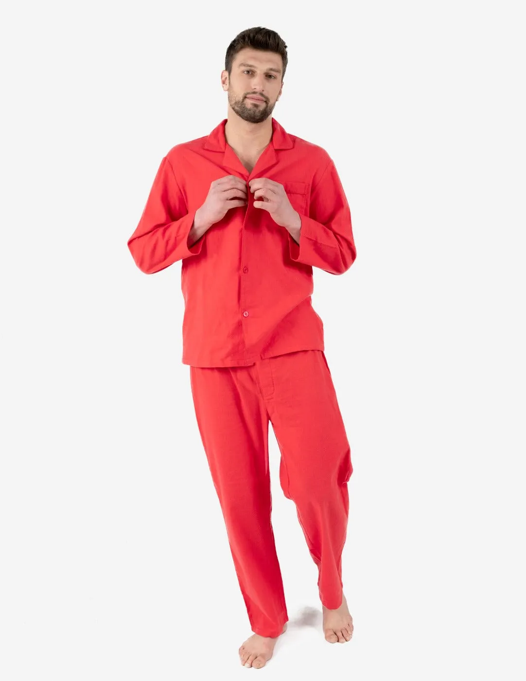 Mens Red Solid Color Flannel Pajamas