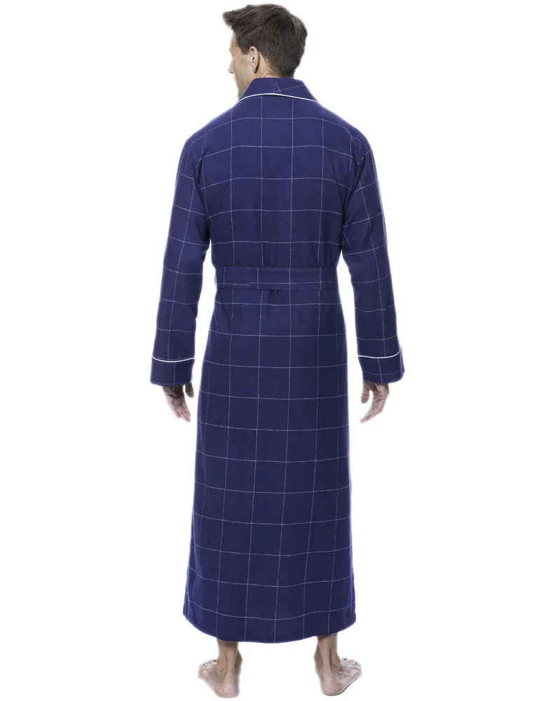 Mens Robe - 100% Cotton Flannel Robe - Windowpane Checks Dark Blue