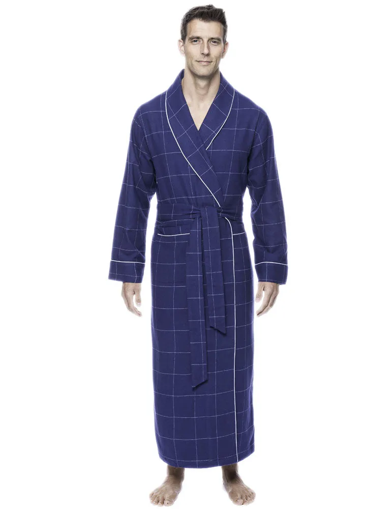 Mens Robe - 100% Cotton Flannel Robe - Windowpane Checks Dark Blue