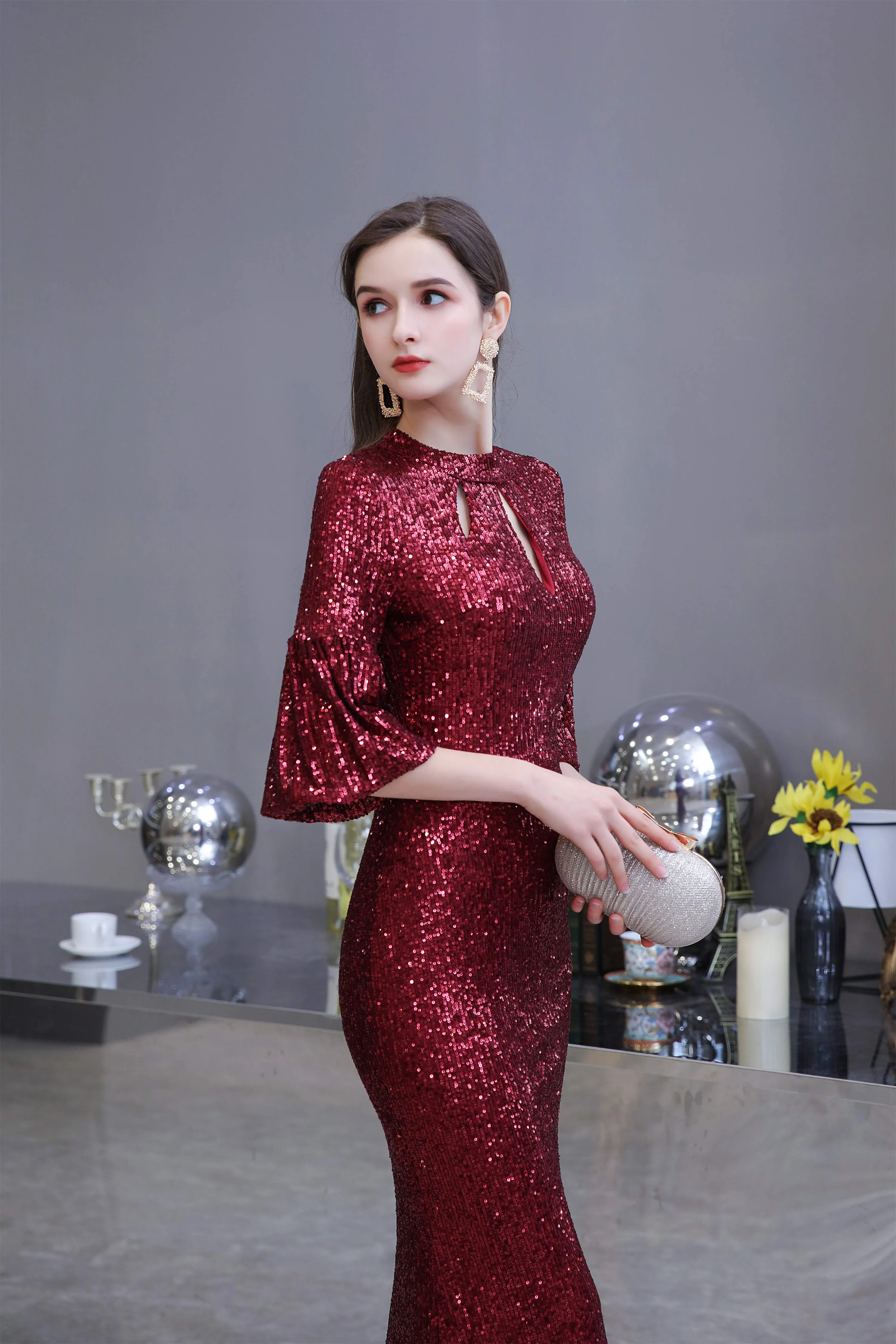 Mermaid Designed Neckline Sequined Floor Length Sequins Prom Dresses