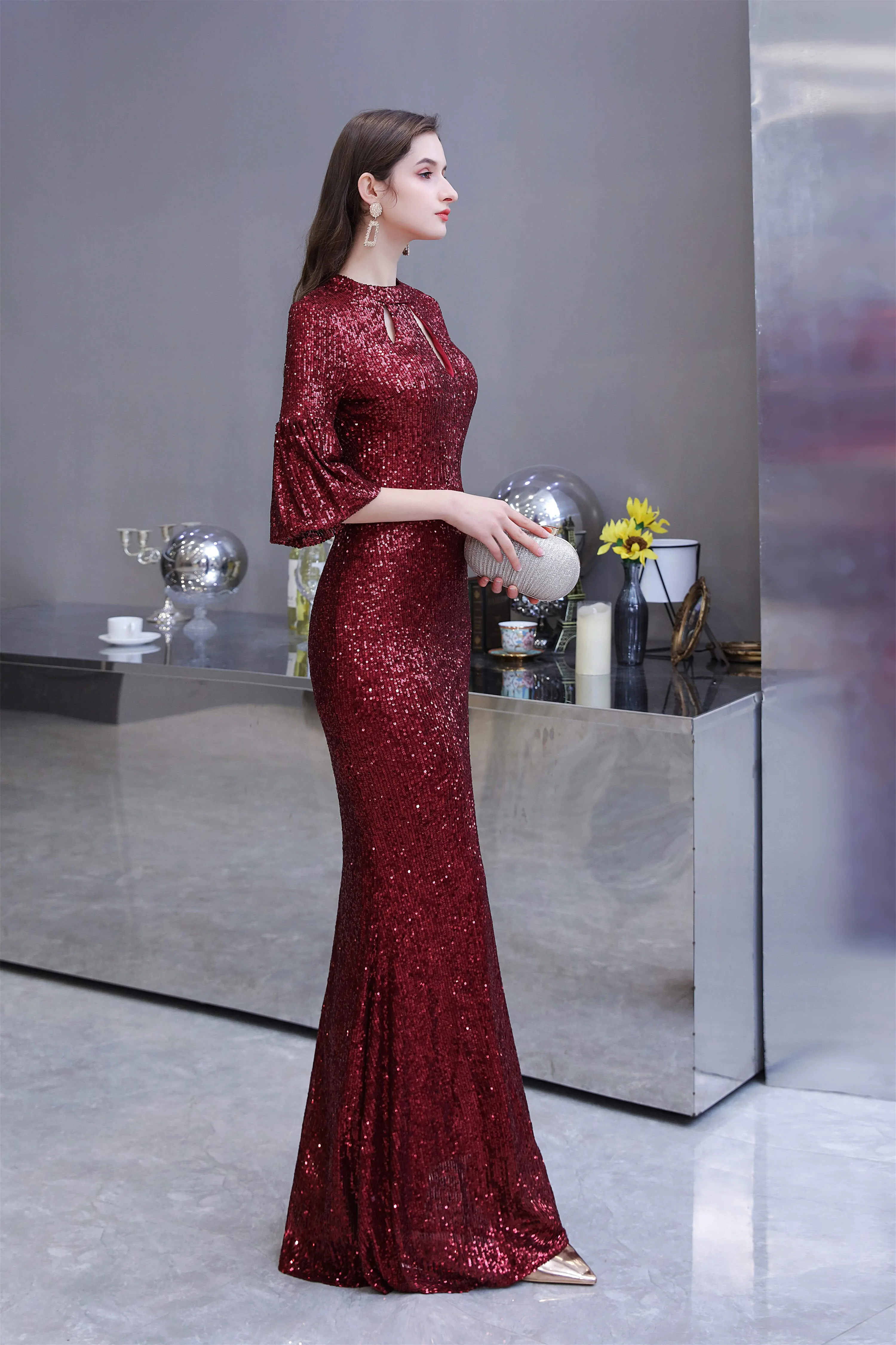 Mermaid Designed Neckline Sequined Floor Length Sequins Prom Dresses