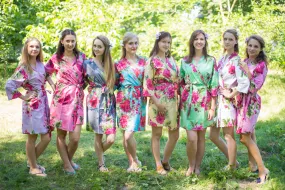 Mismatched Large Fuchsia Floral Blossom Patterned Bridesmaids Robes in Soft Tones