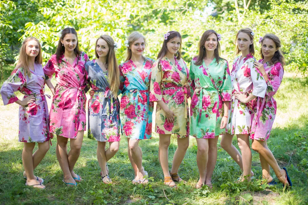 Mismatched Large Fuchsia Floral Blossom Patterned Bridesmaids Robes in Soft Tones