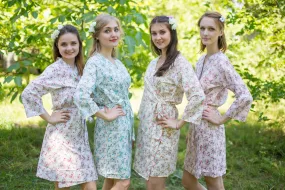 Mismatched Tiny Blossoms Patterned Bridesmaids Robes in Soft Tones