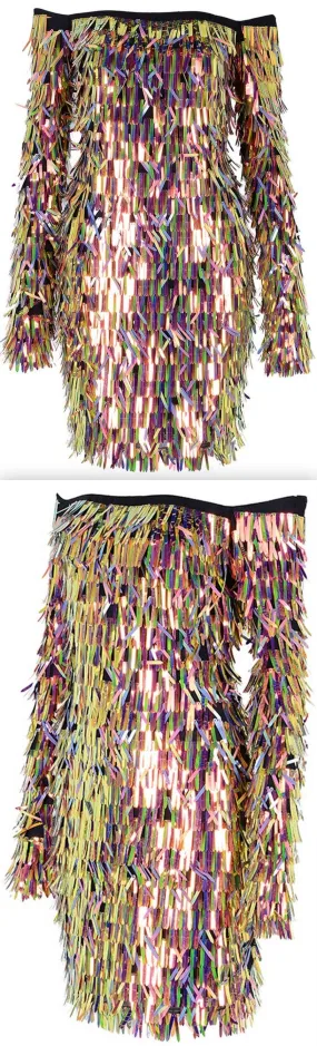 Multicolored Tinsel-Sequined Stretch Off-the-Shoulder Mini Party Dress