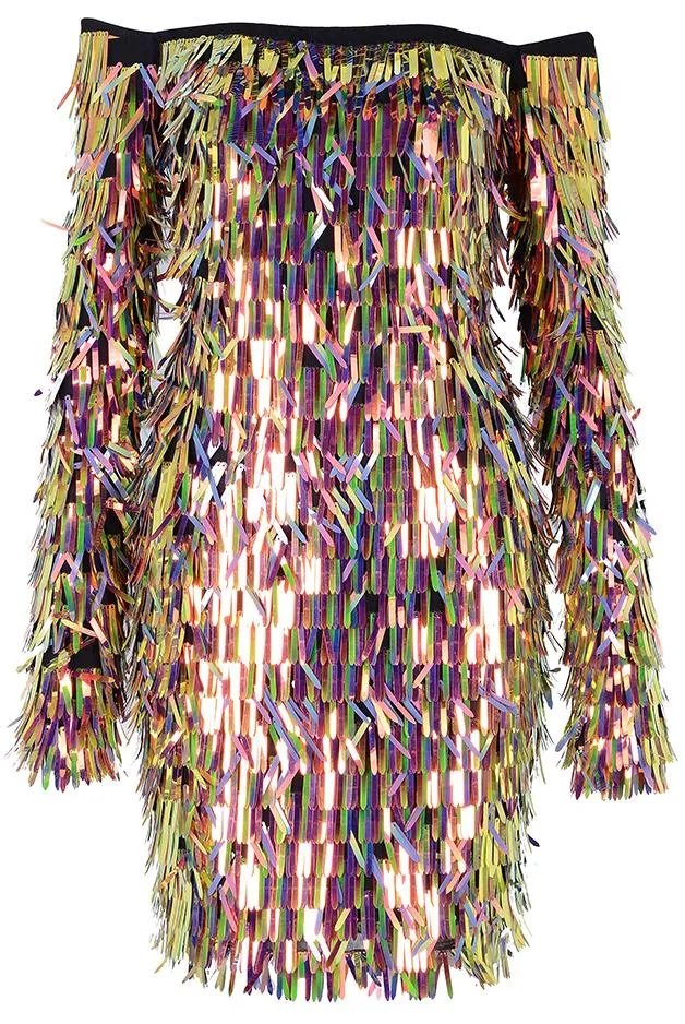 Multicolored Tinsel-Sequined Stretch Off-the-Shoulder Mini Party Dress