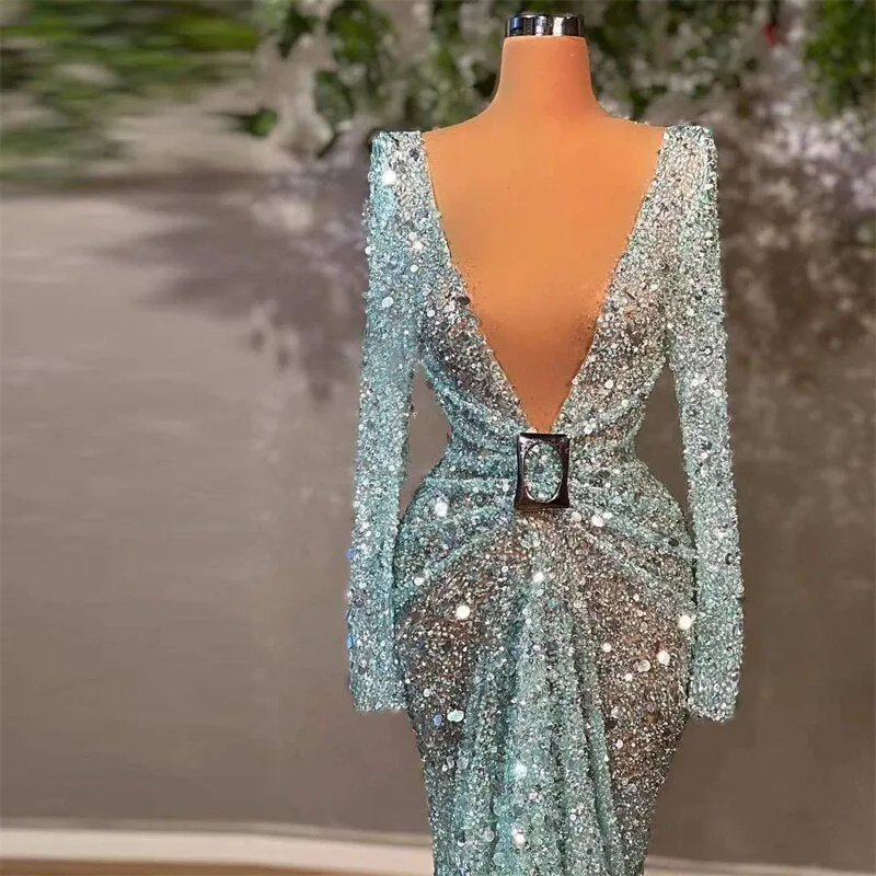 Prom Dresses Deep V Neck Sequins Beading Long Sleeve Pleated Long Mermaid