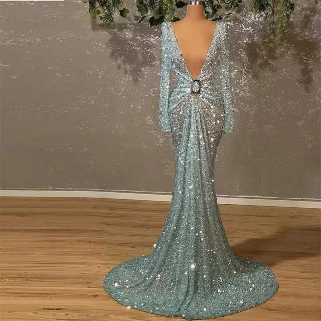 Prom Dresses Deep V Neck Sequins Beading Long Sleeve Pleated Long Mermaid