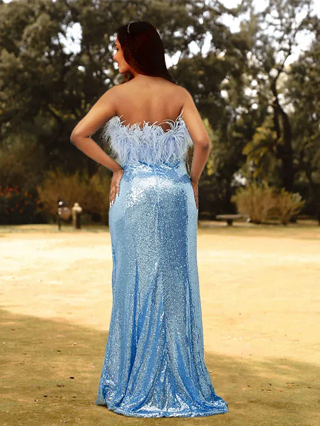 Prom Dresses Plus Size Dress Wedding Guest Sleeveless Strapless Sequined with Feather Slit