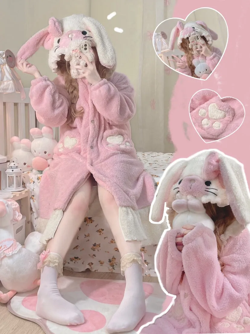 Rabbit Ears Hooded Pink & Brown Thick Warm Winter Bathrobe Nightgown Pajamas Set