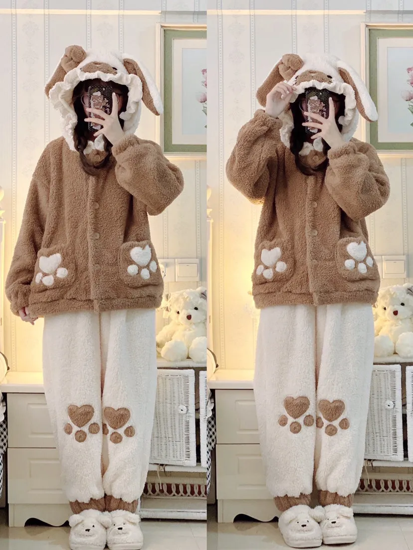 Rabbit Ears Hooded Pink & Brown Thick Warm Winter Bathrobe Nightgown Pajamas Set