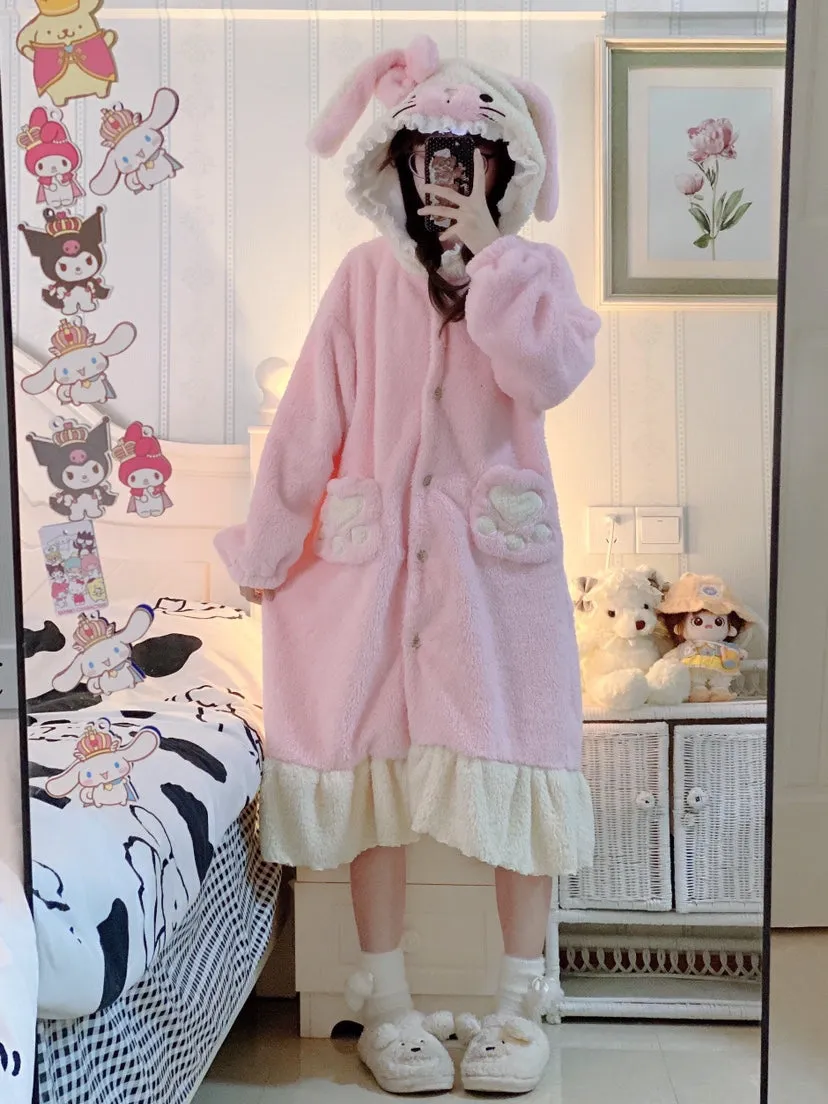 Rabbit Ears Hooded Pink & Brown Thick Warm Winter Bathrobe Nightgown Pajamas Set