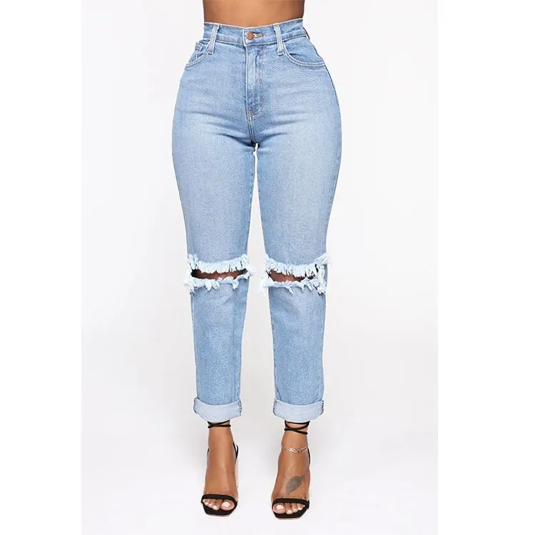 Ripped Knee Holes Distressed Denim Jeans With Holes