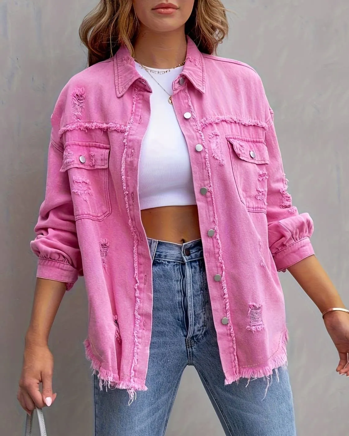 Ripped Long-Sleeved Denim Jackets (Multiple Colors)