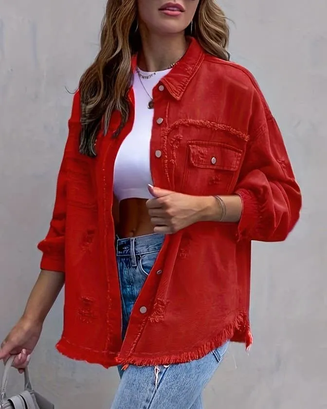 Ripped Long-Sleeved Denim Jackets (Multiple Colors)