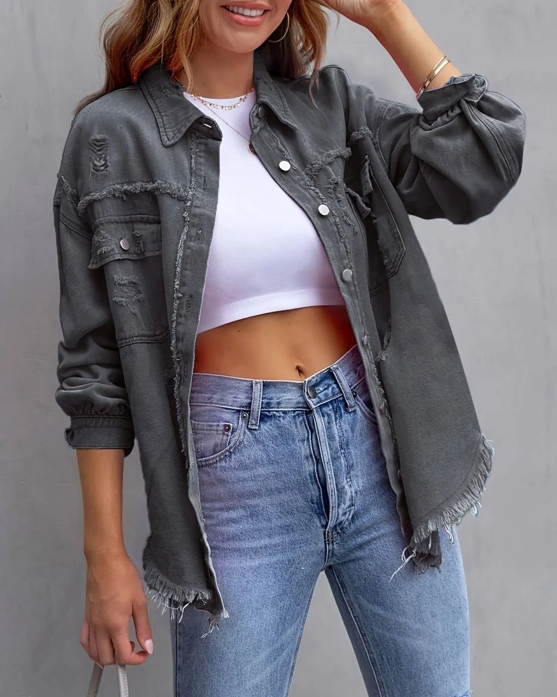 Ripped Long-Sleeved Denim Jackets (Multiple Colors)