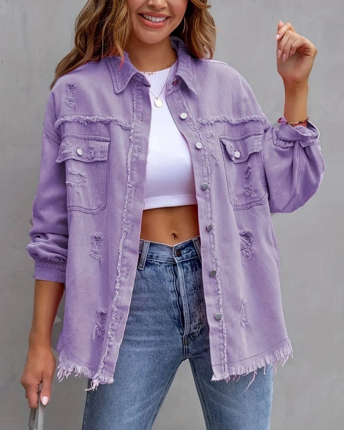 Ripped Long-Sleeved Denim Jackets (Multiple Colors)