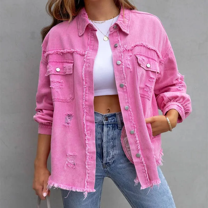 Ripped Long-Sleeved Denim Jackets (Multiple Colors)