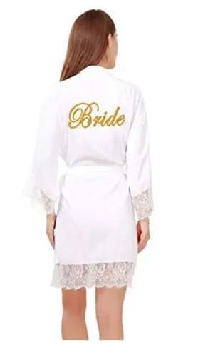 Soft Cotton Bridal Robes With long Lace Trim with Gold "Bride"