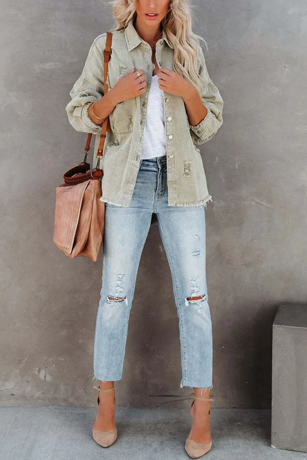 Stylish Lapel Long Sleeve Ripped Denim Jacket