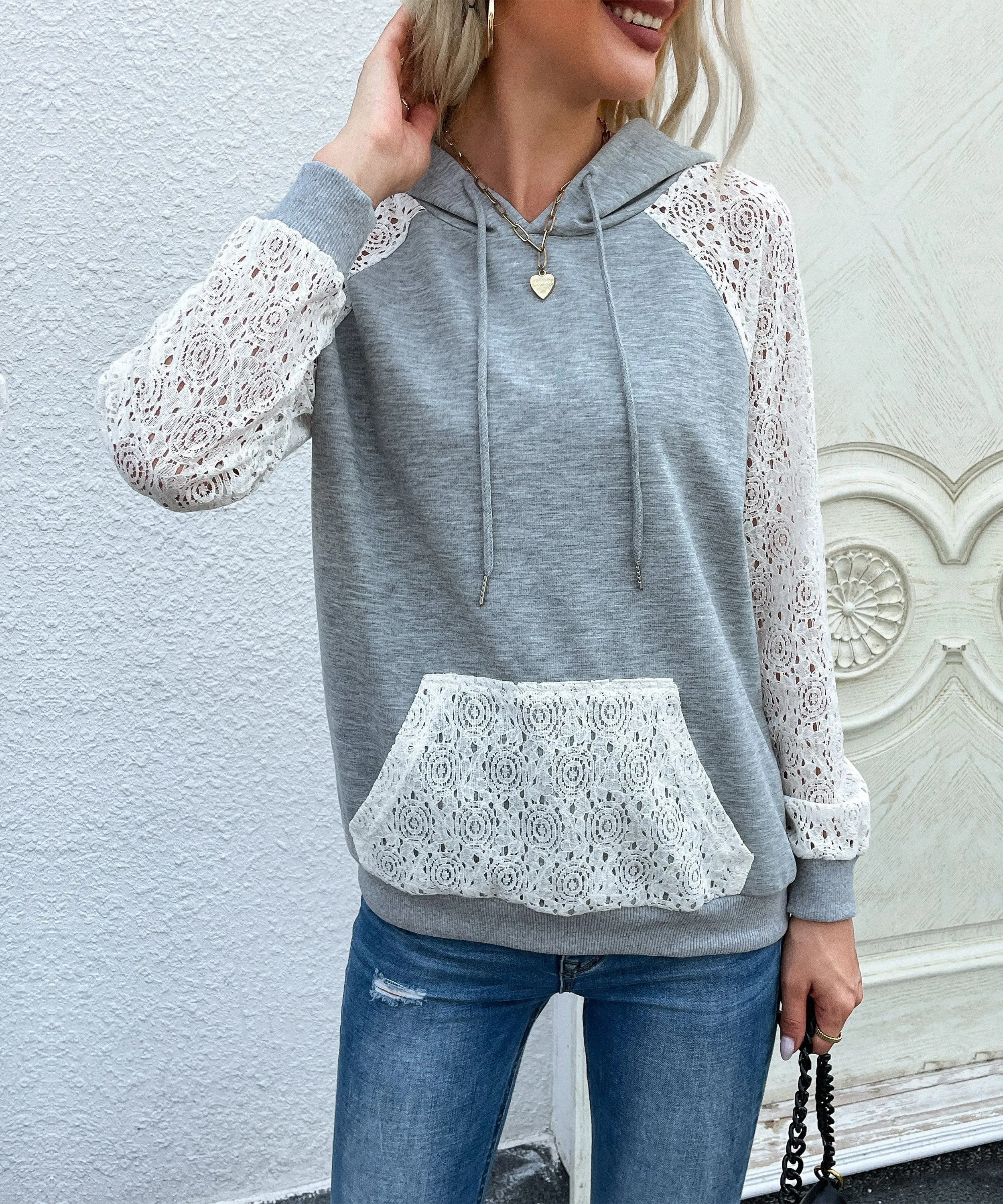 Two Tone Lace Detail Hoodie