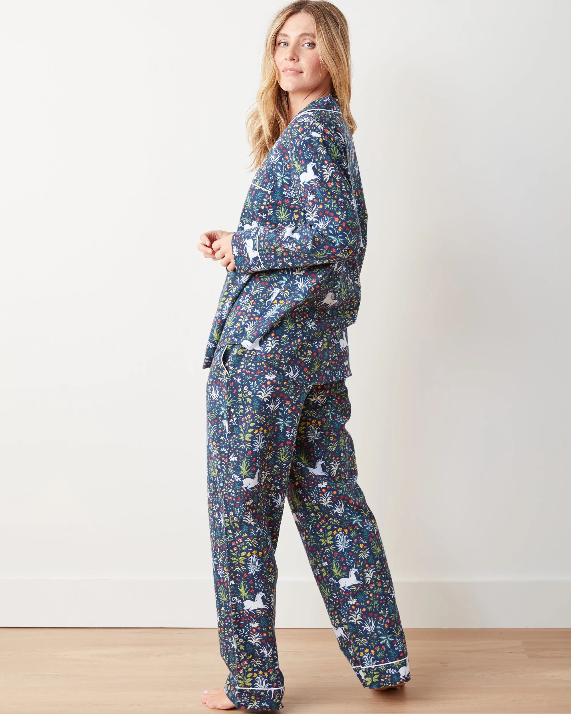 Unicorn's Garden - Petite Lightweight Flannel Long PJ Set - Indigo