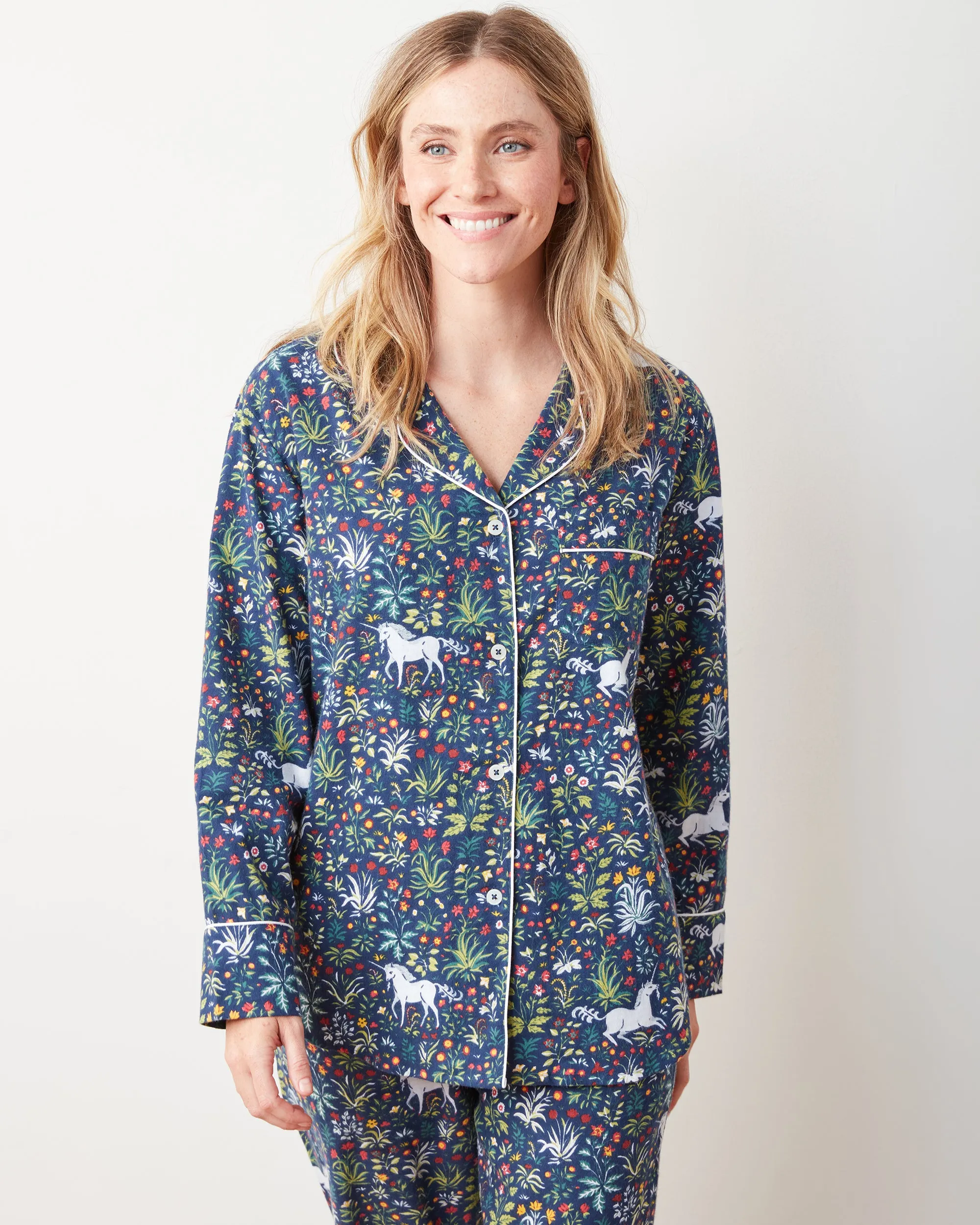 Unicorn's Garden - Petite Lightweight Flannel Long PJ Set - Indigo