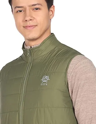 U.S. Polo Assn. Nylon Men Olive High Neck Sleeveless Solid Padded Standard Length Jacket, Small