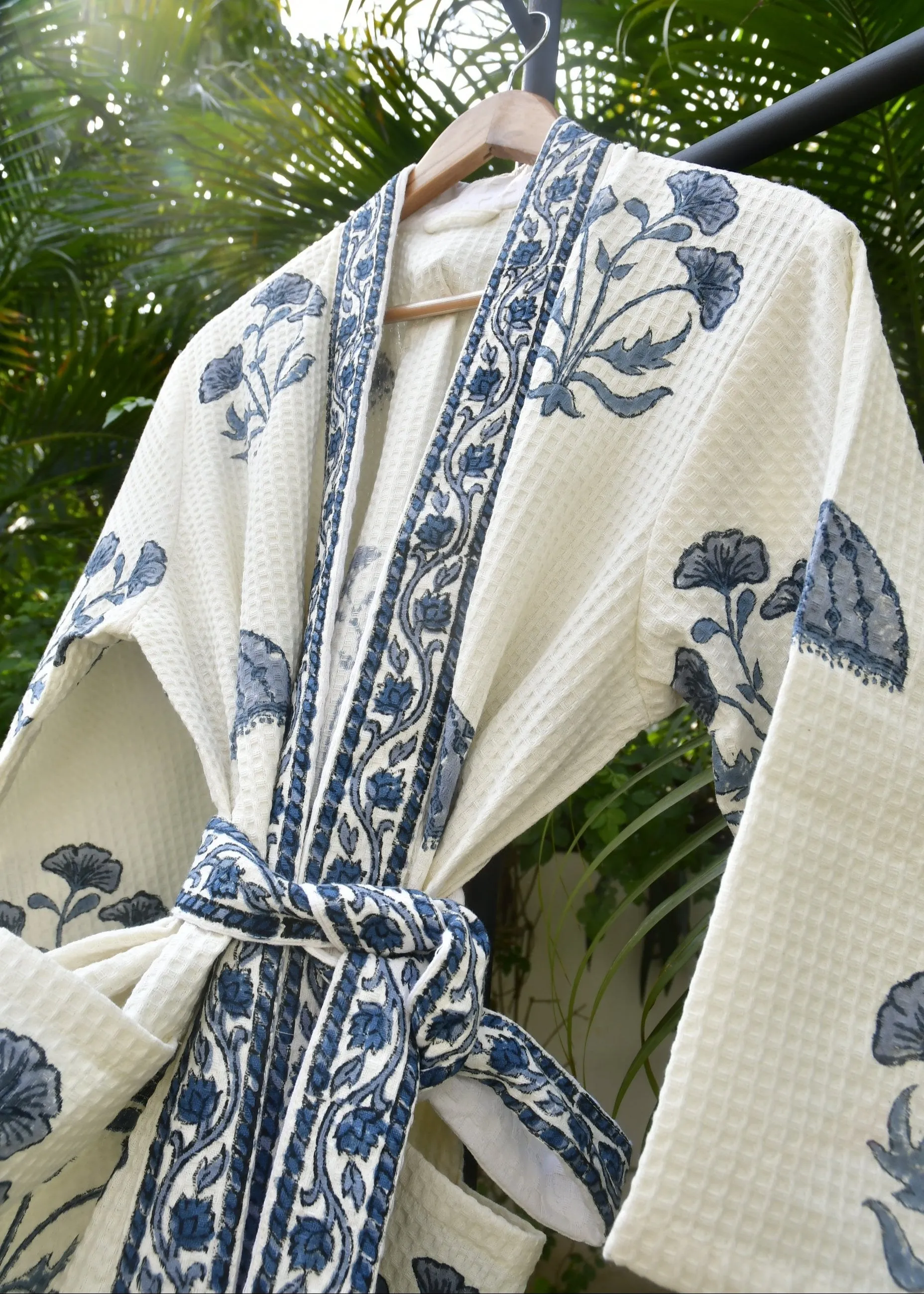 Waffle Bath Robe, Indigo Chattri, Hand Block Print