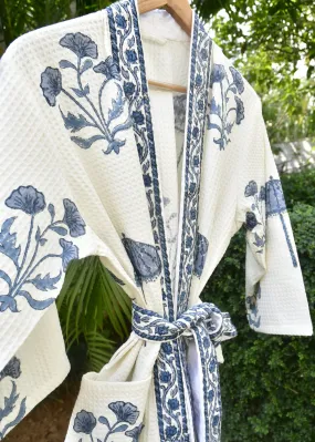 Waffle Bath Robe, Indigo Chattri, Hand Block Print