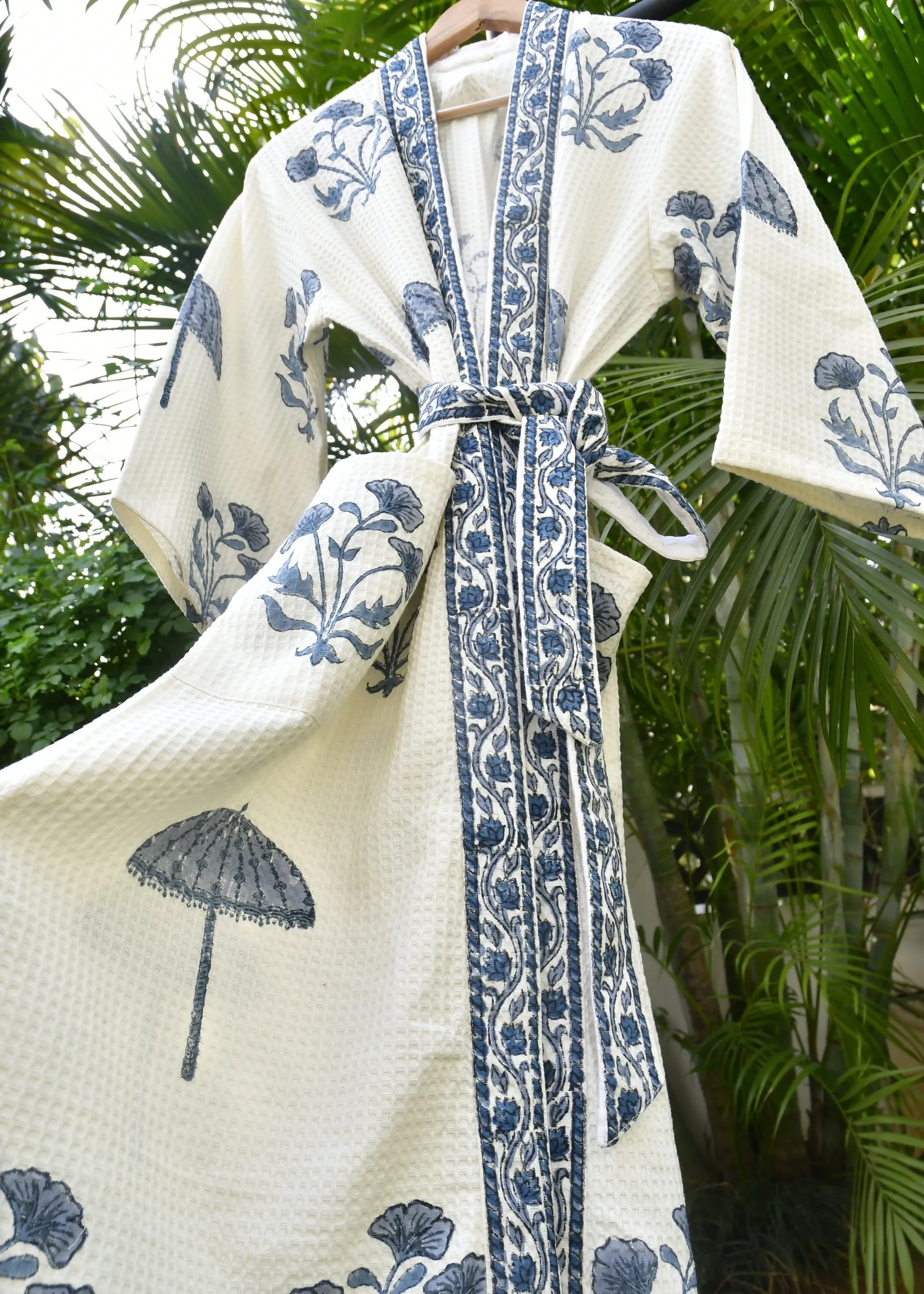 Waffle Bath Robe, Indigo Chattri, Hand Block Print