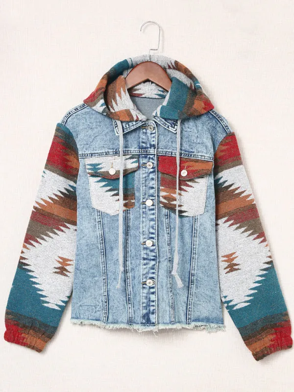 Washed Denim Aztec Print Hooded Shacket | Distressed Denim Hoodie Jacket