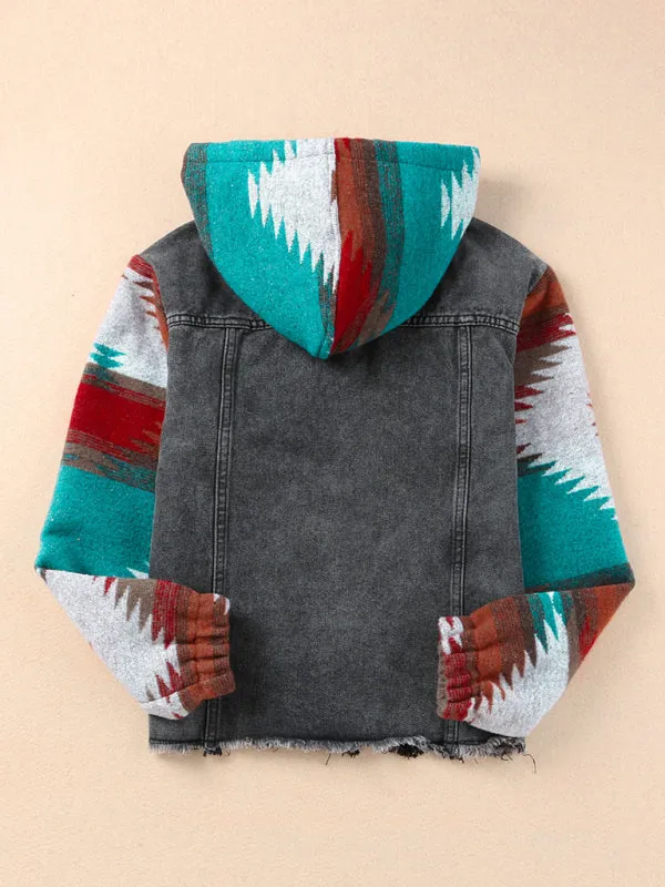 Washed Denim Aztec Print Hooded Shacket | Distressed Denim Hoodie Jacket