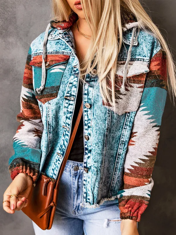 Washed Denim Aztec Print Hooded Shacket | Distressed Denim Hoodie Jacket