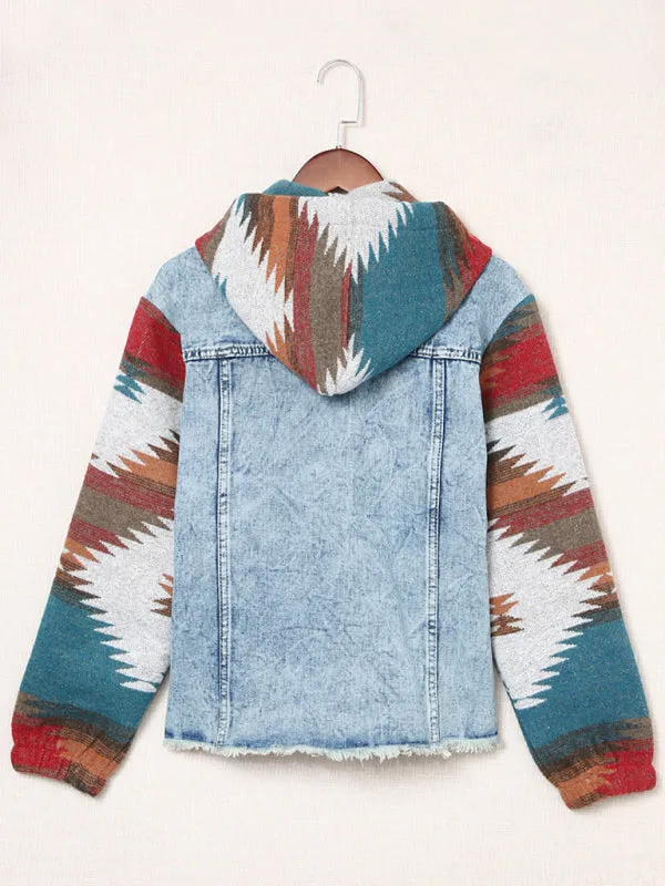 Washed Denim Aztec Print Hooded Shacket | Distressed Denim Hoodie Jacket