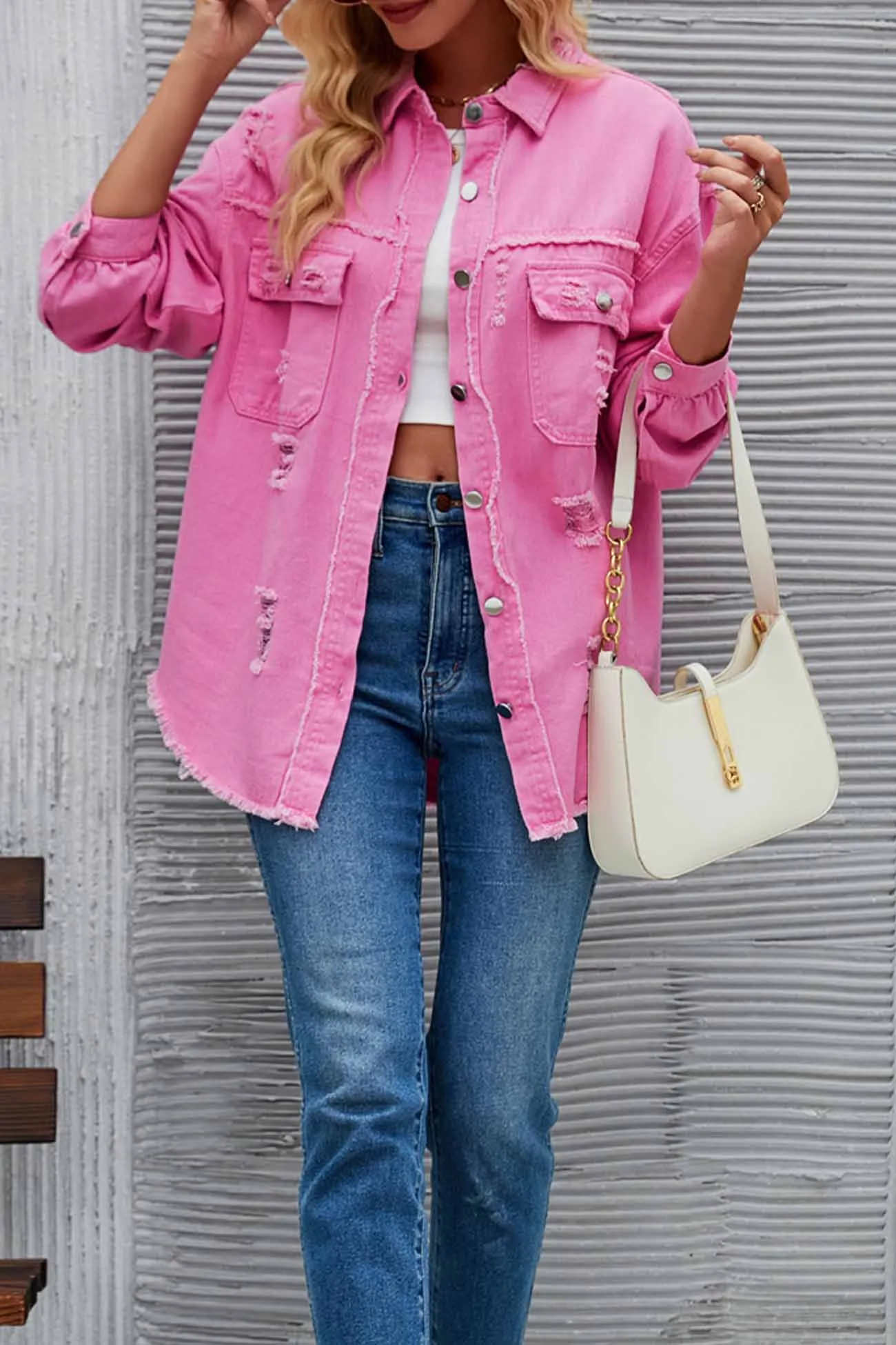 Washed Long Sleeve Ripped Tassels Denim Jacket