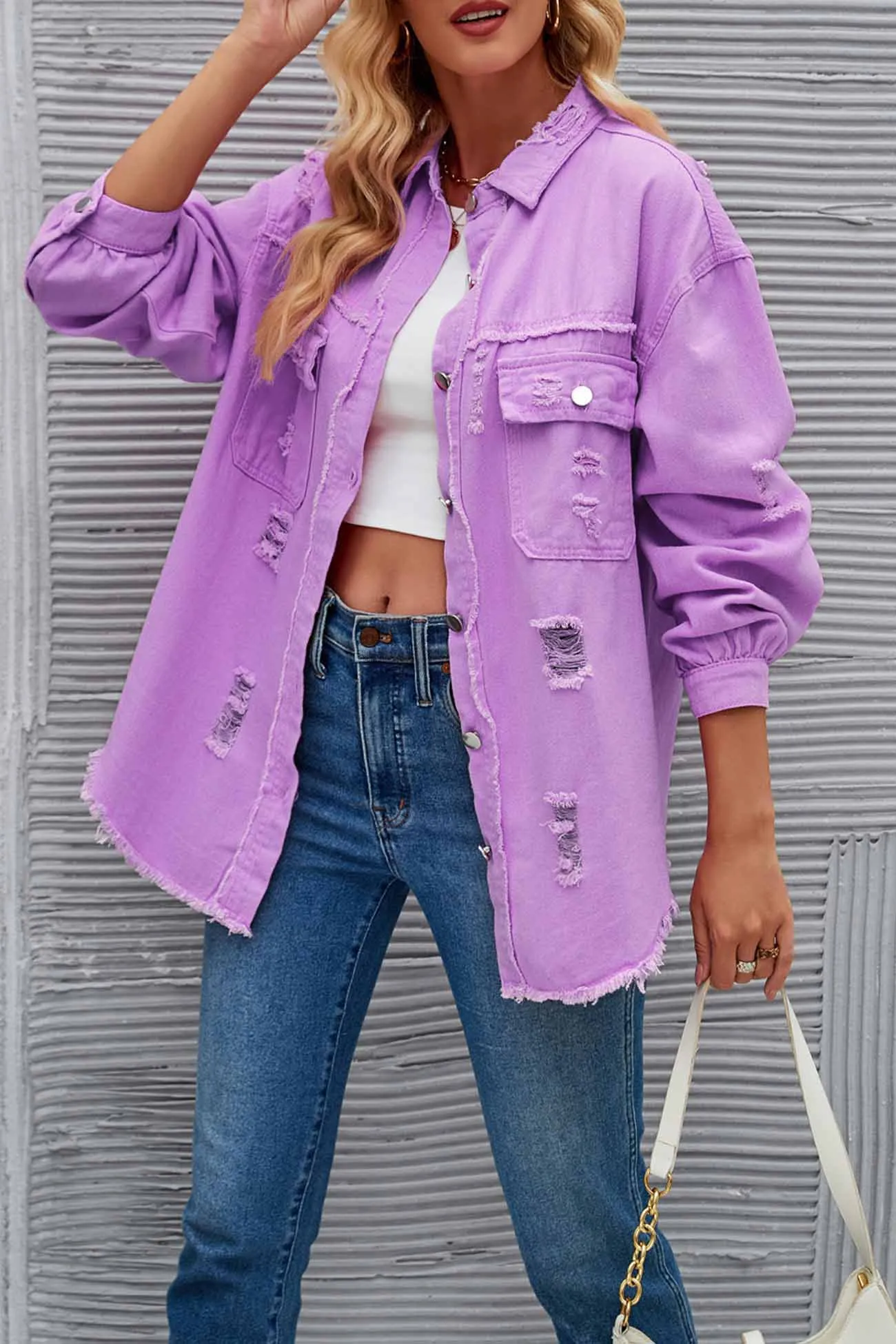 Washed Long Sleeve Ripped Tassels Denim Jacket