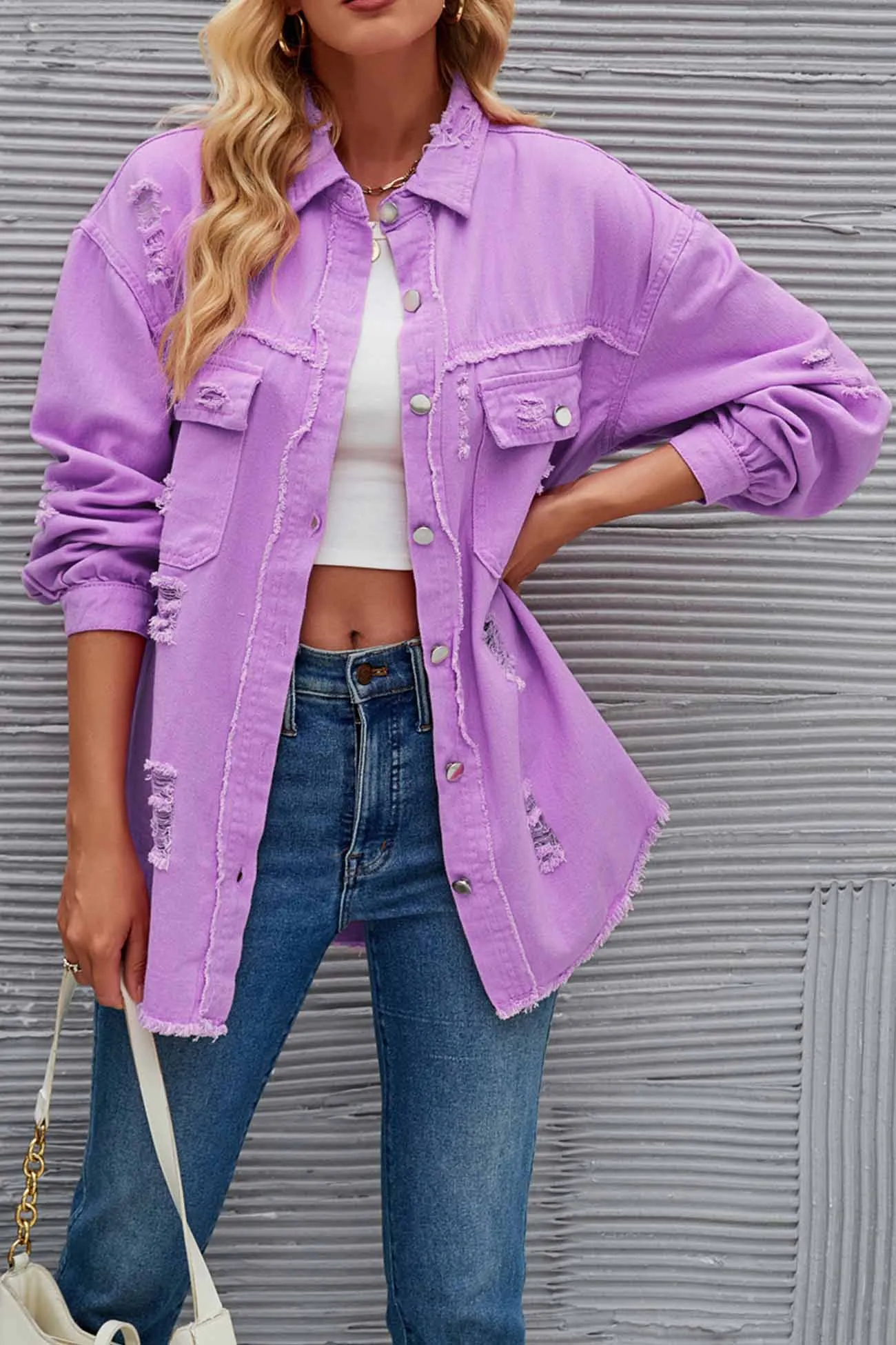 Washed Long Sleeve Ripped Tassels Denim Jacket