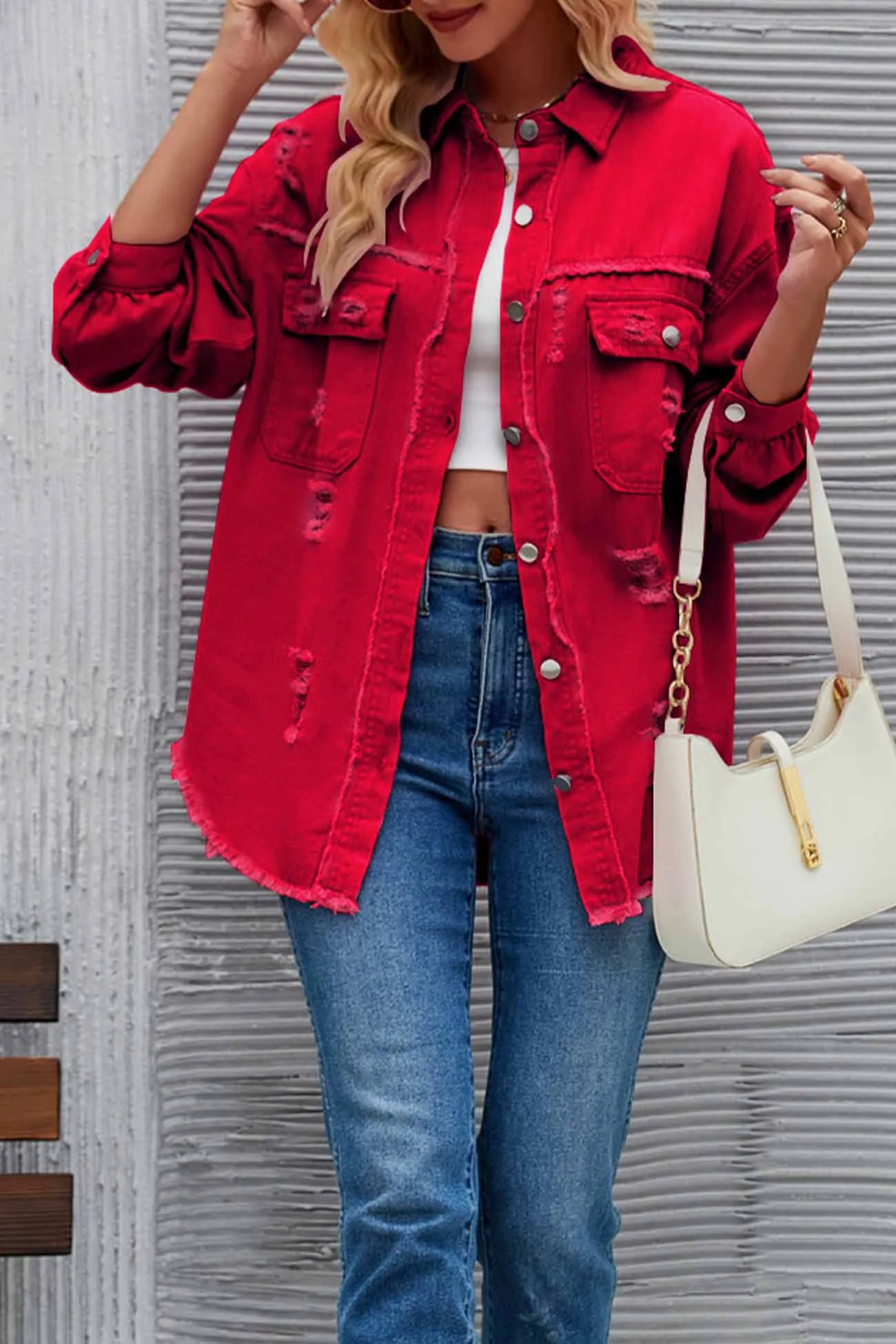 Washed Long Sleeve Ripped Tassels Denim Jacket