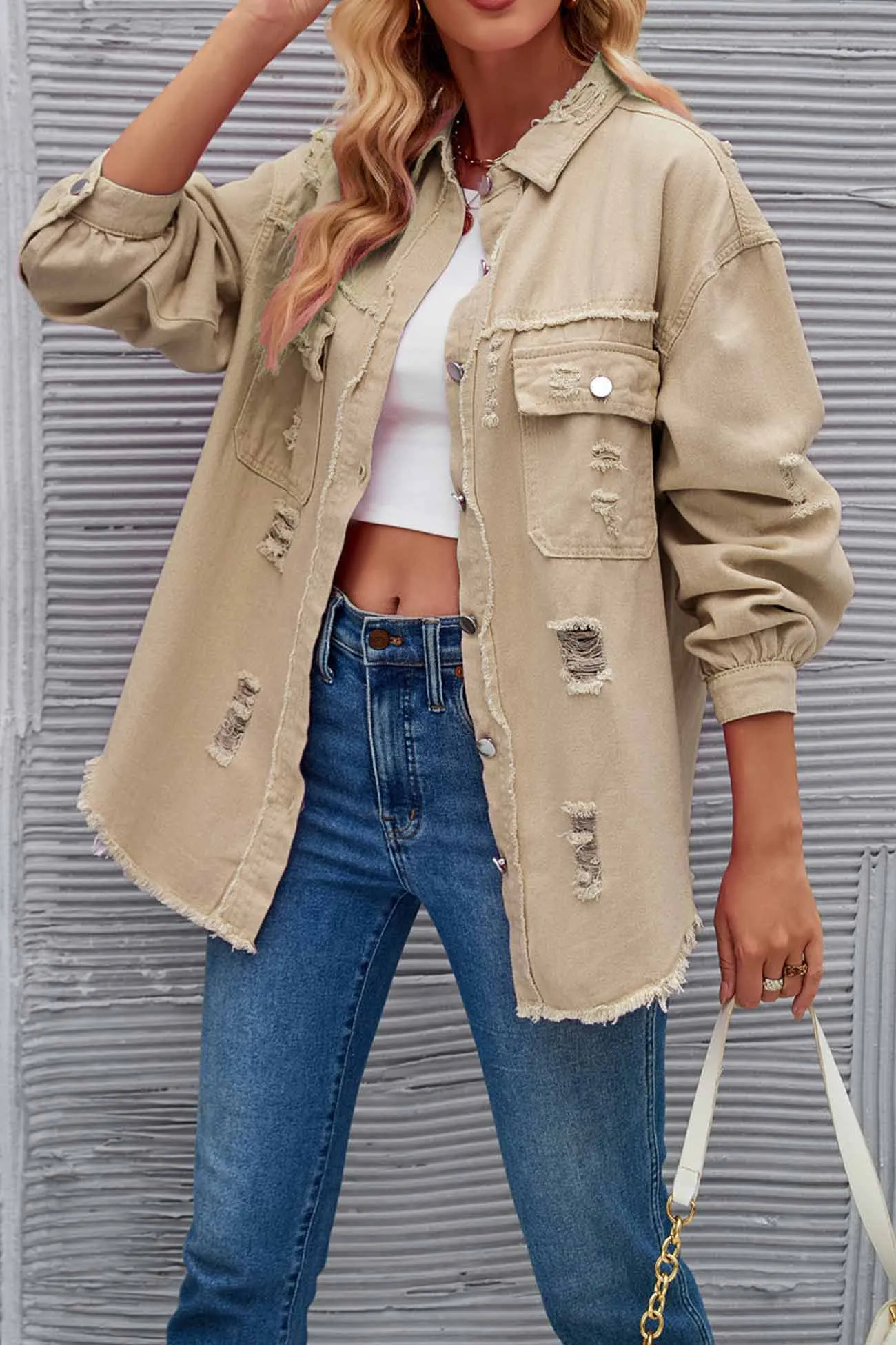 Washed Long Sleeve Ripped Tassels Denim Jacket