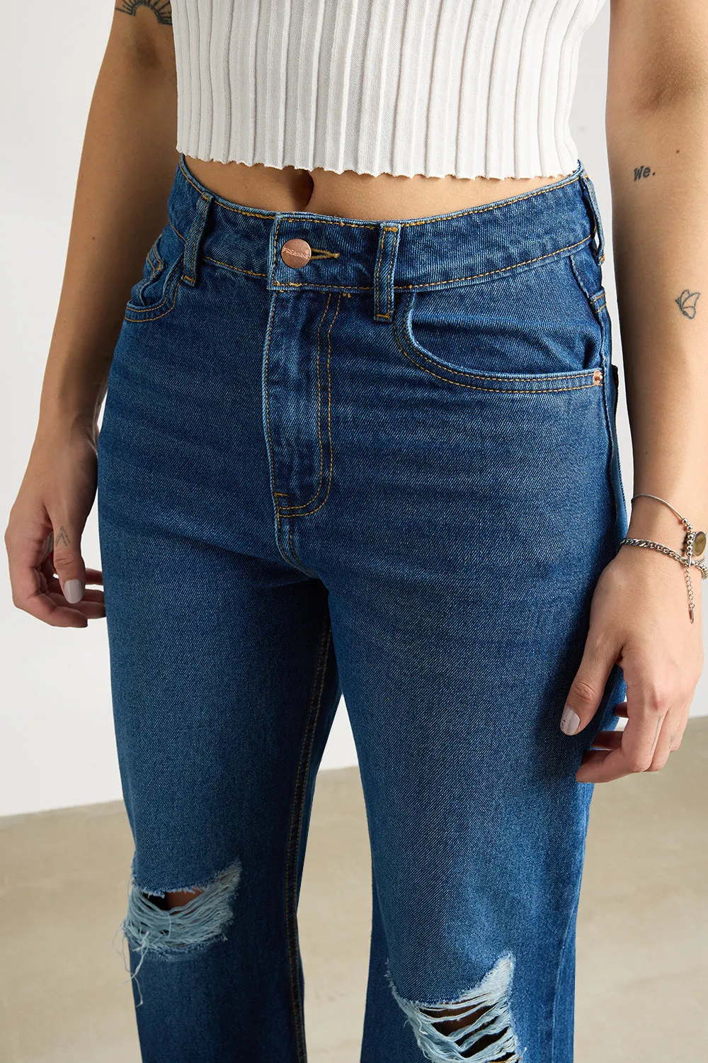 Wide Fit Navy Ripped Denim