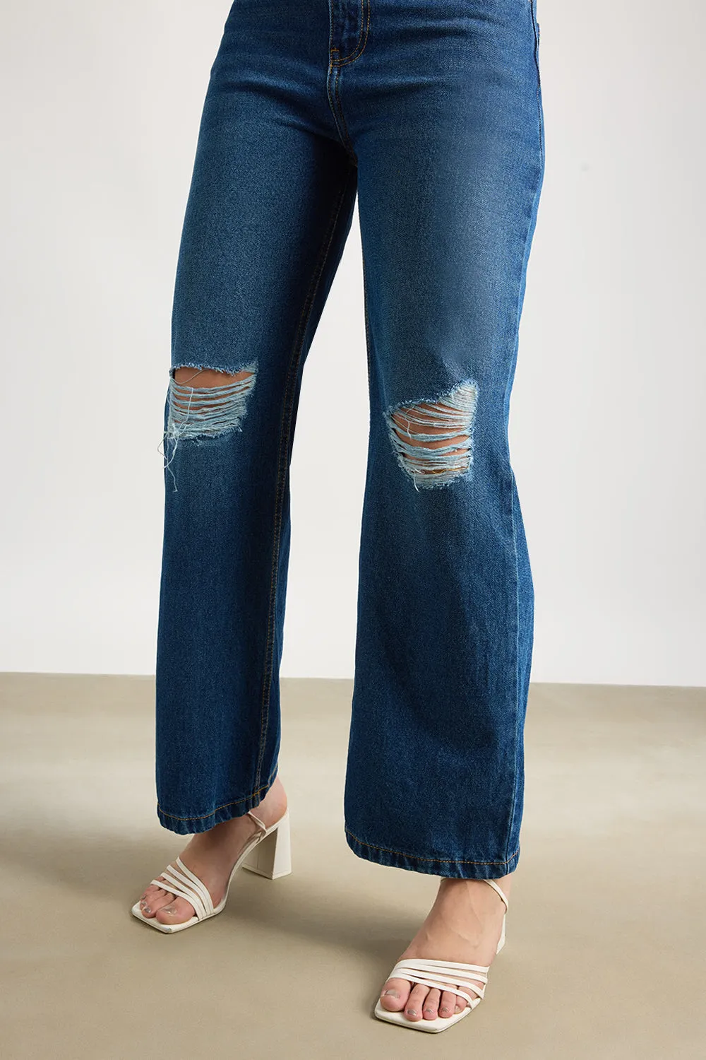 Wide Fit Navy Ripped Denim