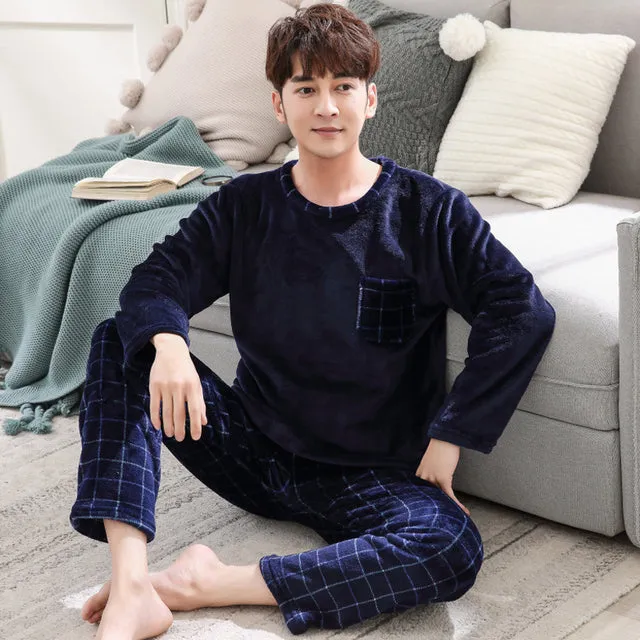 Wjczt New Style Men&#39;s Pajamas Set Autumn Winter Warm Flannel Thicken Male Pajamas Sets Long Sleeve Sleepwear Top  Pant Leisure