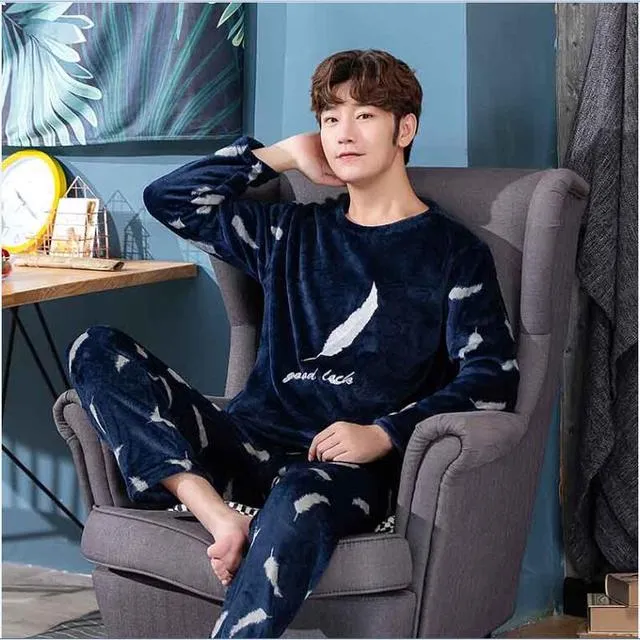 Wjczt New Style Men&#39;s Pajamas Set Autumn Winter Warm Flannel Thicken Male Pajamas Sets Long Sleeve Sleepwear Top  Pant Leisure