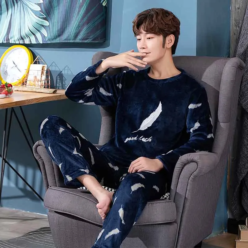 Wjczt New Style Men&#39;s Pajamas Set Autumn Winter Warm Flannel Thicken Male Pajamas Sets Long Sleeve Sleepwear Top  Pant Leisure