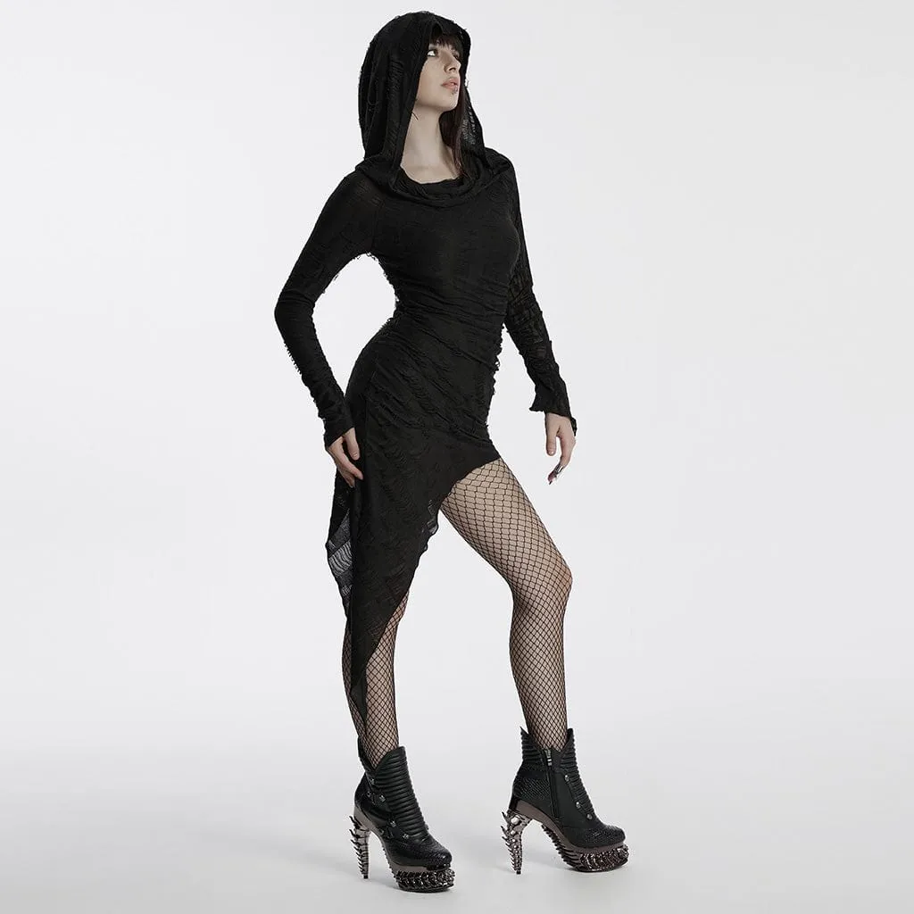 Women's Punk Irregular Ripped Music Festival Dress with Hood