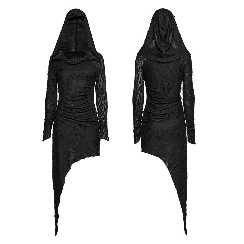 Women's Punk Irregular Ripped Music Festival Dress with Hood