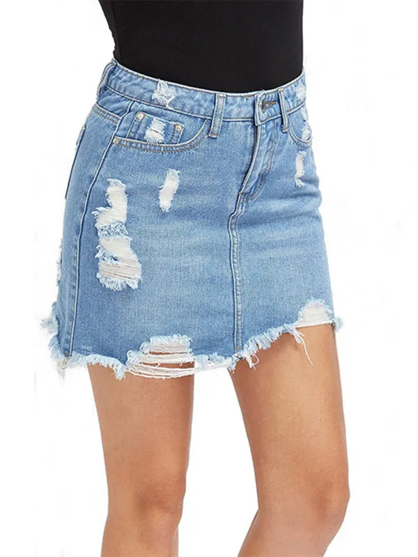 Women's ripped fringed loose sexy denim skirt