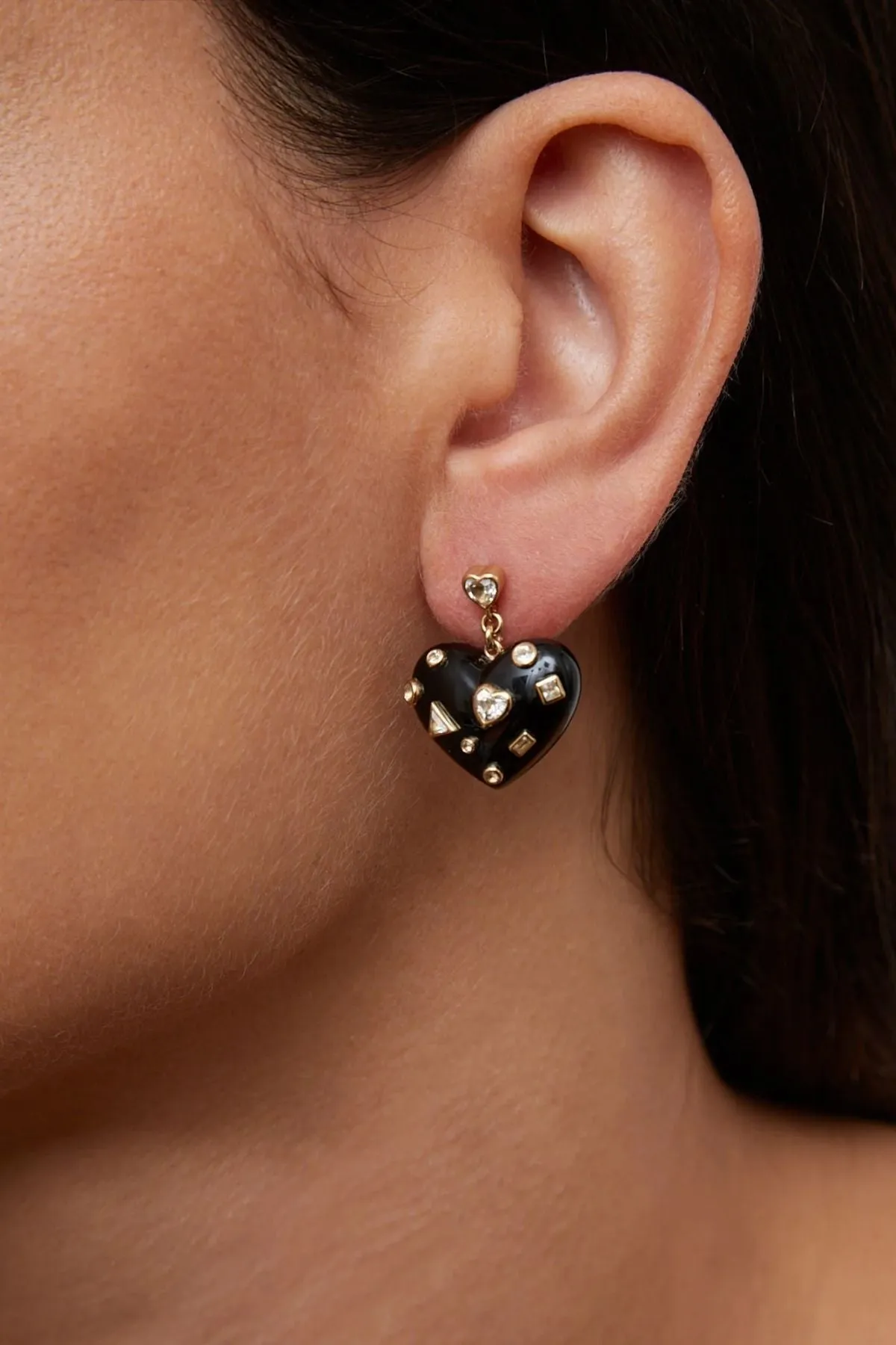 Yvonne Léon Confetti Heart Onyx Earrings - Yellow Gold